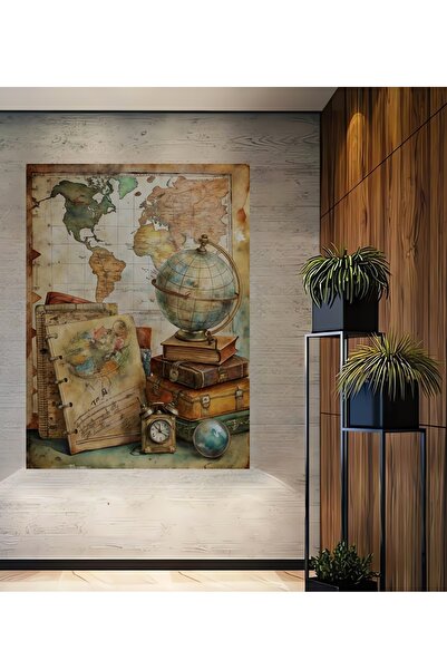 Teona Ahşap Retro Haritalı Dünya Küre ve Eski Kitaplar Sulu Boya Görünümlü De...
