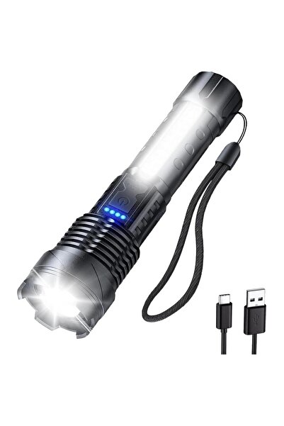AyrStore Ultra Güçlü Şarjlı Led El Feneri, 100000 Lümen Süper Parlak Işık, 7 Adet Işık Modu, Yan