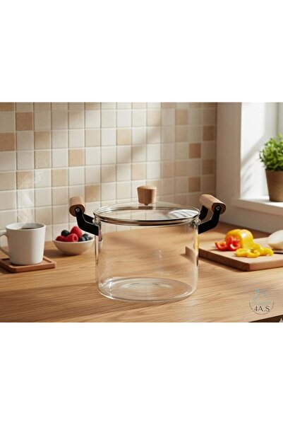 4as قدر زجاجي من 4A.S مع غطاء، مصنوع من زجاج البوروسيليكات الشفاف المقاوم للحرارة، بمقابض خشبية مزدوجة.