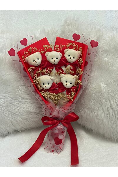 Salish Teddy Bear Çiçek Buketi - Peluş Ayıcık, Kırmızı Kurdele, Çiçek Detaylı...