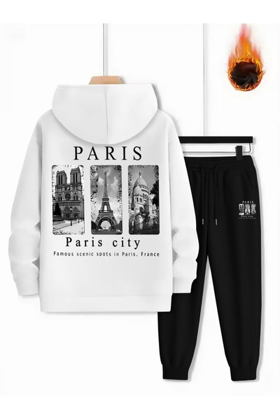 PENTHİLUS Unisex Pa Design Printed 3 Thread Ş Fleece-Lined K Hooded Tracksuit Set