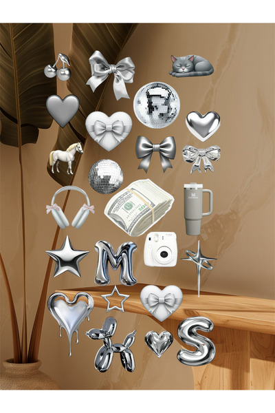 Limitless Design Gümüş Krom Efektli Dekoratif Sticker Seti – Kalp, Fiyonk, Yı...