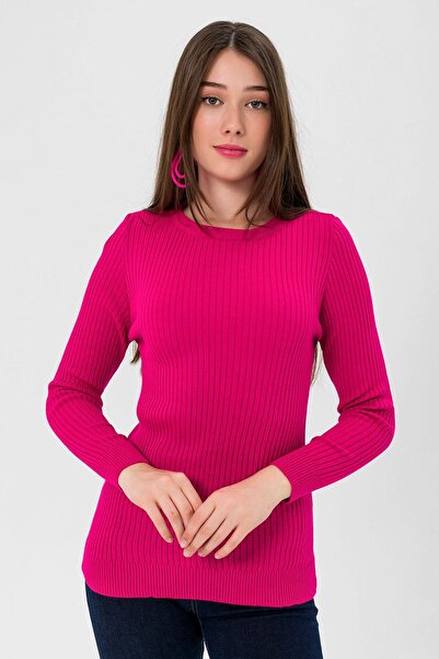 Miss Poem Women's Crew Neck Long Sleeve Winter Fuchsia Knitwear Sweater