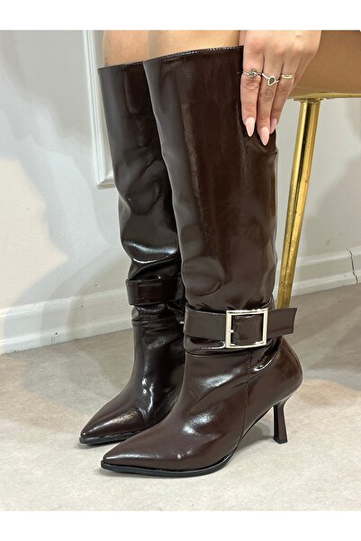 BerilinButiği Bitter Brown (Shin) Silver Buckle Detail Women's Heeled Boots