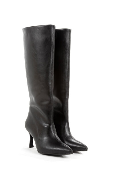 Ayakkabı Podyumum Black Leather Pointed Boots 9 cm Goblet Heel New Season