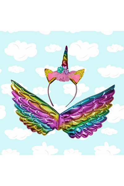 darko 2 Parça Set Takım Kanat Unicorn Taç Peri Renkli Kanatlı Parti Kostüm Kı...