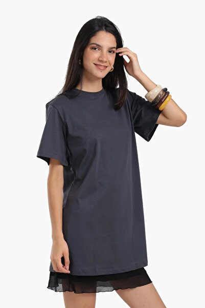 CARINA Cotton dress with short sleeves and mesh trim