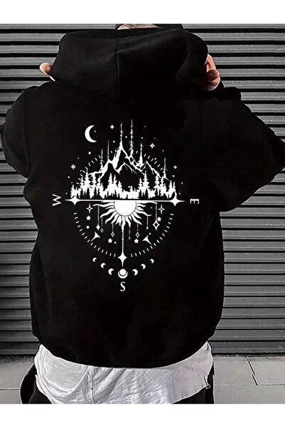 CLASSY.MODA Унисекс суитшърт с качулка, с принт на природния цикъл и компас
