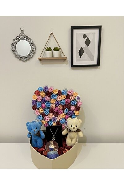 elovya SEVGİLİYE HEDİYE KUTUSU ÇİÇEKLİ KALPLİ KUTU AYICIK KOLYE KAR KÜRESİ ROMANTİK HEDİYE SETİ