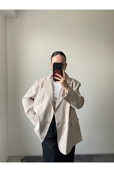 SUMYCO SÜS CEPLİ OVERSIZE BLAZER CEKET -TAŞ RENGİ