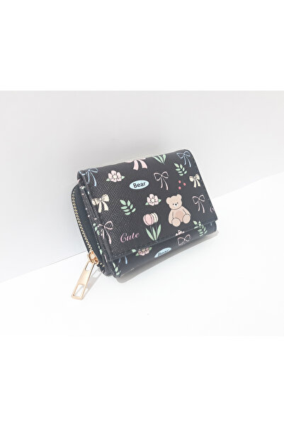 renkli çiçekler Children's Wallet 11X8X4 cm Black Teddy Bear Patterned Children's Wallet