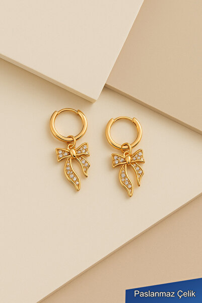 TREND COLLECTİON Altın Renk Taşlı Fiyonk Figürlü Çelik Halka Küpe