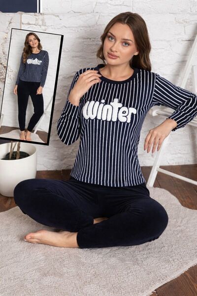 turkish Women's winter two-piece pajama set – striped top and plain pants for...