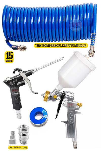 PROXTECH 15 Metre | Spiralli Kompresör Hava Hortumu Boya Seti | Boya Tabancası ve Hava Üfleme Tabancası