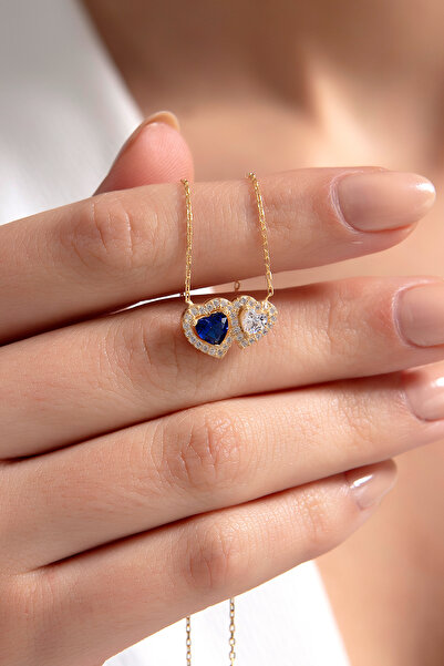 SARIASLAN Çift Kalpli Safir Gümüş Kalpli Kolye 14 Ayar Altın Renk