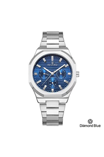 Diamond Blue ساعة دايموند بلو رجالية، سوار فضي وصحن أزرق، تصميم عصري متميز.