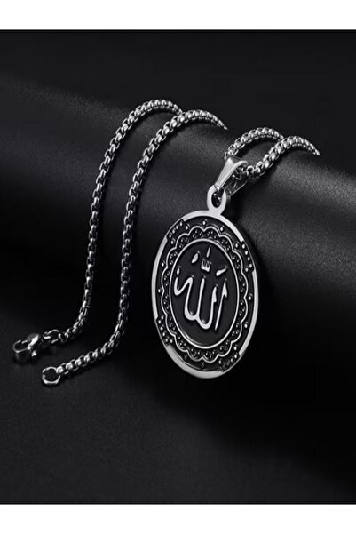 Alyas Aksesuar قلادة دائرية من الفولاذ المقاوم للصدأ مكتوب عليها الله