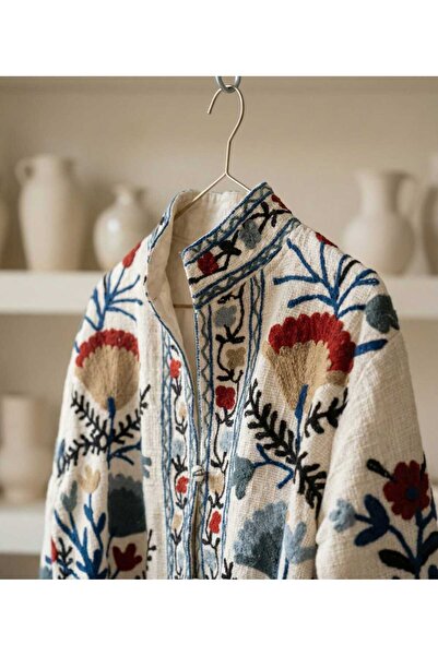 Yoncha Kadın Ceket Nakış Detaylı Dokuma %100 Pamuklu