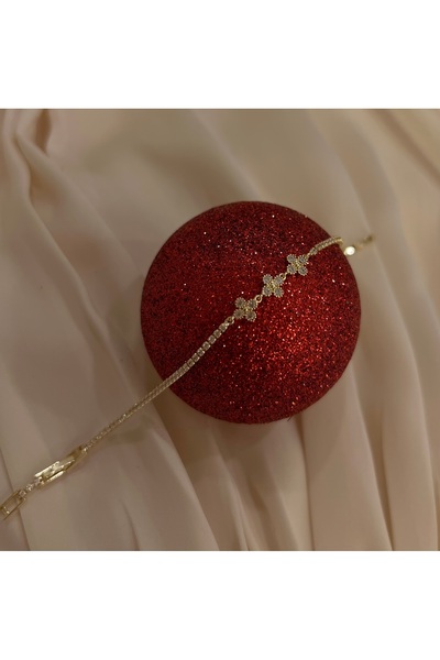 Dore 14K Gold Görünümlü Zirkon Taşlı Çiçek Detaylı İnce Su Yolu Bileklik