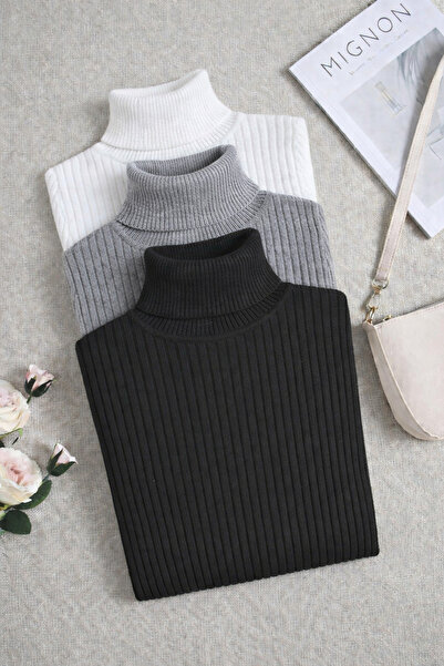 SKYBEAR Women's Black White Gray 3-Piece Turtleneck Ribbed Knit Knitwear Swea...