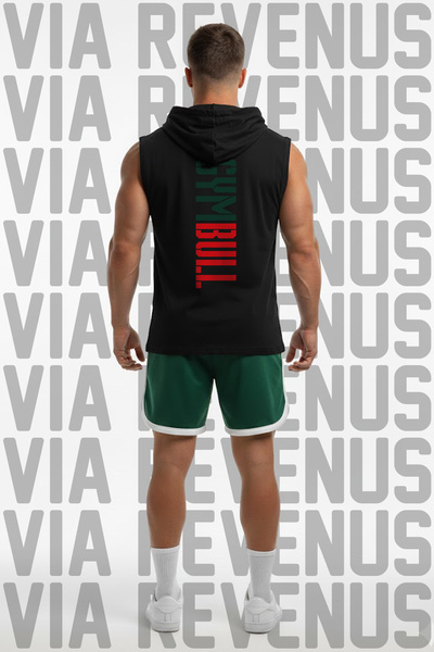 Vordevia Gym Bull Printed Hooded Sleeveless Sports T-Shirt and Piped Sports Shorts Set Gym & Fitness Combo