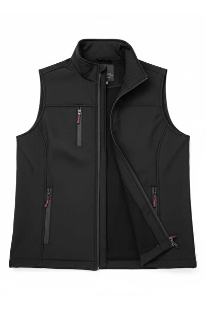 H&A İSTANBUL Erkek siyah Softshell yelek dik yaka 3 cepli fermuarli günlük & spor