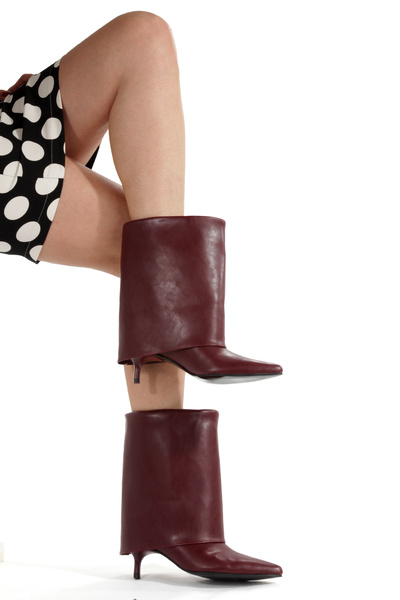 MİNNACE Cizme lungi din piele roșie Claret, cu vârf ascuțit, toc subțire de 5...