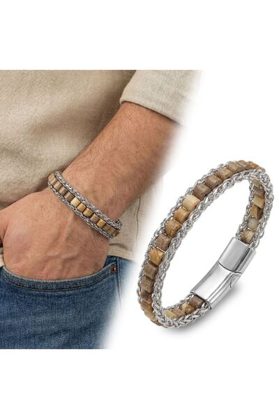 SeyCey.co Odun Jasper Natural Stone Wicker Weave Chain Men's Steel Bracelet 3...