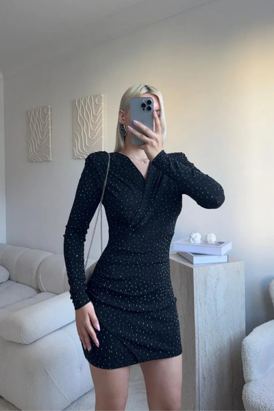 MARTYZ Double-Breasted Mini Dress with Collar Stones