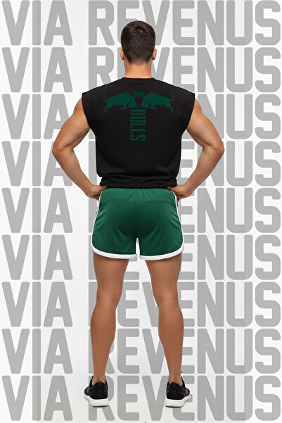 Vordevia Gym Bulls Printed Black Sleeveless 100% Cotton T-Shirt and Piped Jersey Fabric Sports Shorts Combination Set