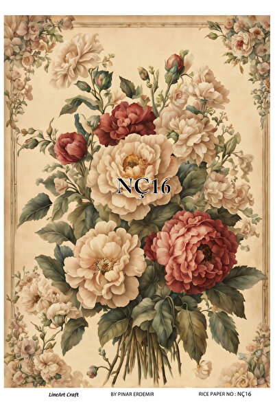 LİNEART Nostaljik Çiçekler Deseni Pirinç Dekopaj Kağıdı No:NÇ16- 29x42cm