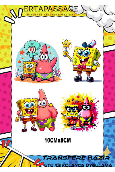 ErTaPassage Sünger Bob2 Desenli Ütü ile Yapışan Transfer Baskı, Tişört, Çanta...