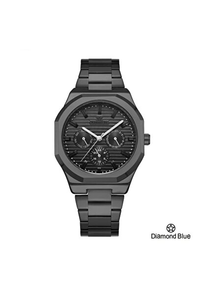 Diamond Blue ساعة دايموند بلو رجالية، سوار أسود وصحن أسود بـ3 عقارب، جاذبية م...