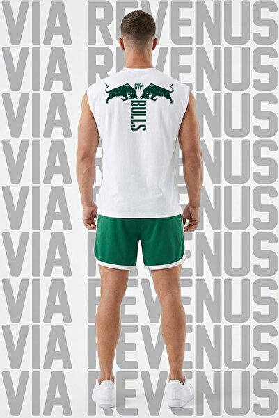 Vordevia Gym Bulls Printed Black Sleeveless 100% Cotton T-Shirt and Piped Jersey Fabric Sports Shorts Combination Set