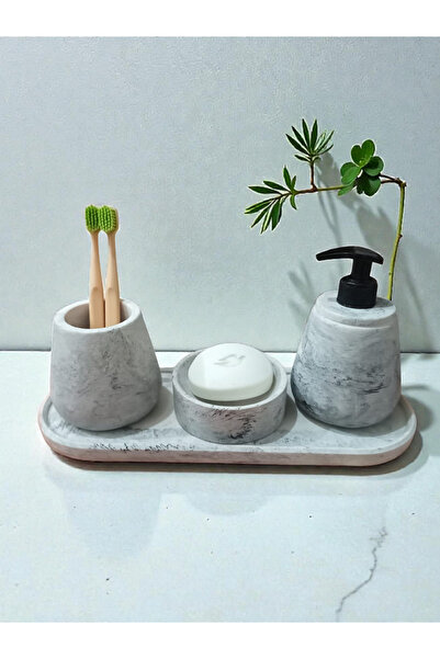 Trust Stone Marble Pattern Concrete Bathroom Set Liquid Soap Dispenser Toothbrush Holder Accessories Set, Tray, Towel Holder