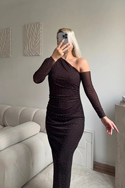 MARTYZ One Shoulder Jewel Draped Long Tulle Dress