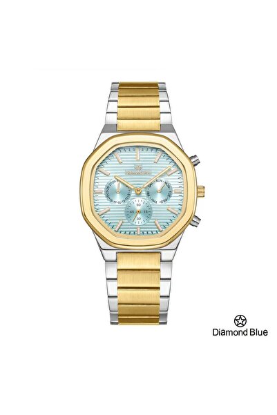 Diamond Blue ساعة دايموند بلو رجالية، سوار فضي وذهبي وصحن ازرق، عصرية متجددة.