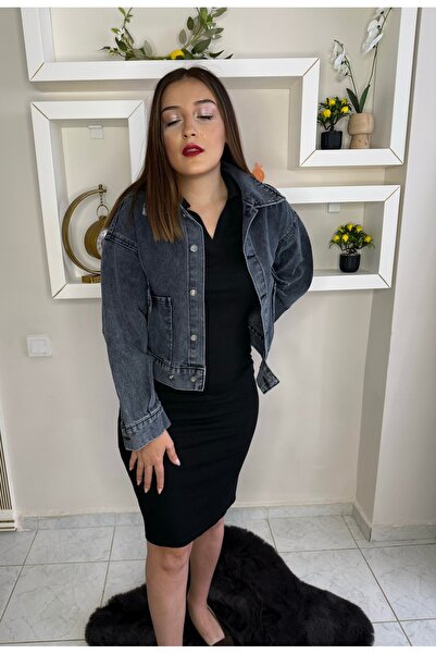 N.INF BUTİK Çift Cep Beli Düğme Detaylı Denim Ceket