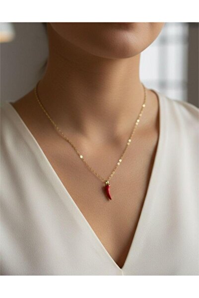 staınless steel Paslanmaz Çelik Gold Zincir Detaylı Kırmızı Biber Kolye - Şans Kolyesi Bolluk Bereketlik