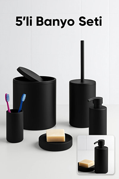Genel Markalar Siyah 5’li Banyo Seti – Çöp Kovası, Tuvalet Fırçası, Sabunluk ...