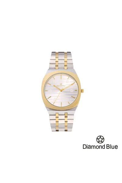 Diamond Blue ساعة دايموند بلو للجنسين، سير فضي وذهبي، صحن أبيض بخطوط عرضية وإ...