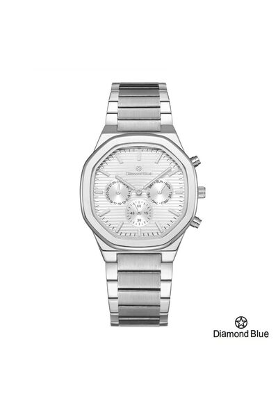 Diamond Blue ساعة دايموند بلو رجالي، سير فضي، صحن أبيض بتموجات وعدادات دقيقة، تصميم كلاسيكي متطور.