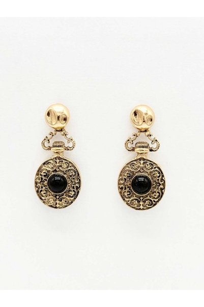 Miruva Brand Model Antique Gold Design Black Stone Dangle Women's Earrings – Vintage Stylish Model
