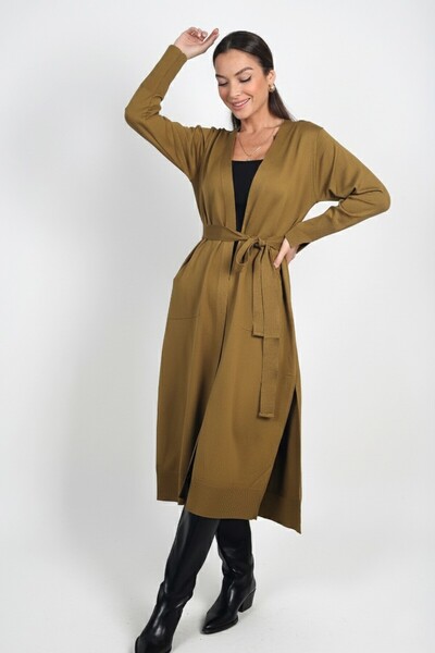 By Saygı Women's Long Cardigan with Button Detail on the Sleeves, Pockets, and Side Slits