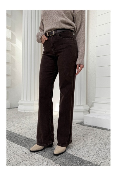 Elif Özbey Butik Kahverengi Yüksek Bel Straight Paça Kemerli Jean