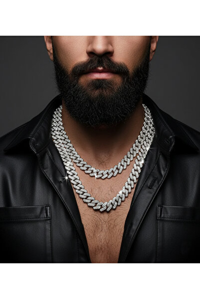 Goldwatches Taşlı Büyük Küba Zincir Kolye Gümüş - Gold Renk Çelik Kararmaz An...