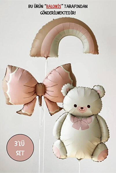 BALOMİS Retro Pembe Temalı Ayı Figürlü Gökkuşağı Ve Fiyonk Folyo Balon Seti