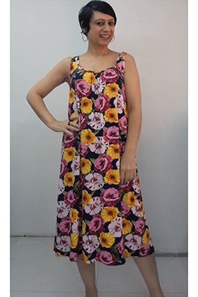 Mertcan Butik Navy Blue Yellow Pink Burgundy Floral Patterned Front and Back Gathered Strap Combed Viscose Dress