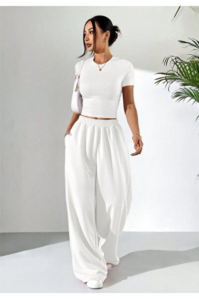 Arz giyim Γυναικείο λευκό φαρδύ παντελόνι φόρμας με ψηλή μέση, άνετο
