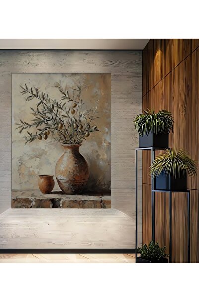 Teona Ahşap Zeytin Dalı Vazo Görünümlü Yağlı Boya Ahşap Dekoratif Ev,Antre,Sa...